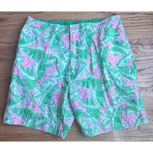 VTG Lilly Pulitzer Pink & Green Music Monkey Print Shorts Size 38-XL